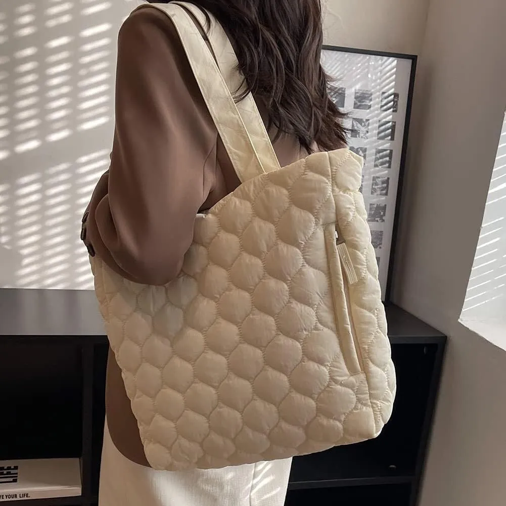Quilted Tote Bag Handbag for Women Solid Color Padding Shoulder Crossbody Bag Fashion Lightweight Simple Hobo