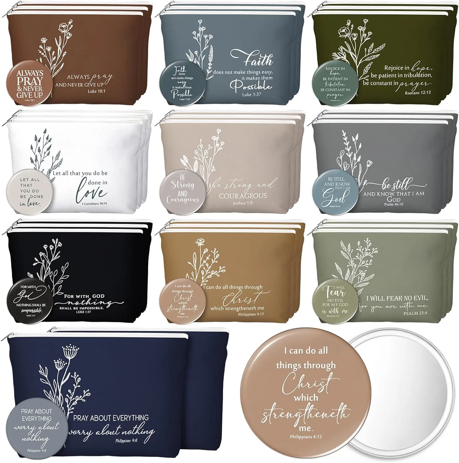 Reginary 30 Set Christian Gifts for Women include 30 Religious Canvas Makeup Bags 30 Bible Verse Compact Mirrors Church Inspirational Gifts for Mother Sister Travel(Neutral Colors,Aesthetic Style)