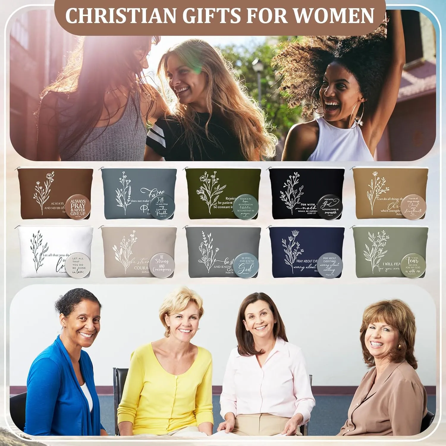 Reginary 30 Set Christian Gifts for Women include 30 Religious Canvas Makeup Bags 30 Bible Verse Compact Mirrors Church Inspirational Gifts for Mother Sister Travel(Neutral Colors,Aesthetic Style)