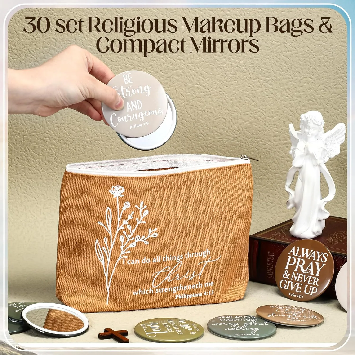 Reginary 30 Set Christian Gifts for Women include 30 Religious Canvas Makeup Bags 30 Bible Verse Compact Mirrors Church Inspirational Gifts for Mother Sister Travel(Neutral Colors,Aesthetic Style)