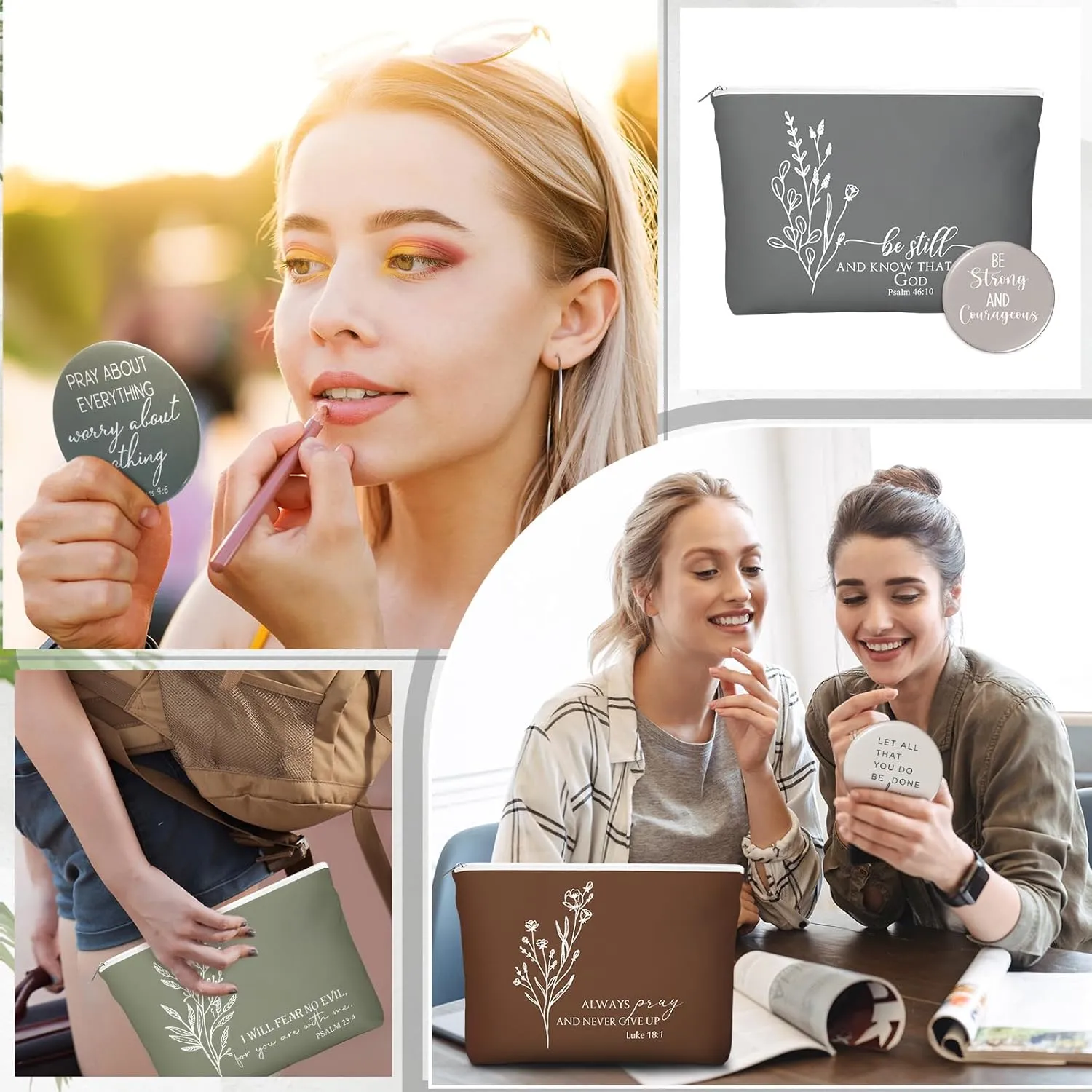 Reginary 30 Set Christian Gifts for Women include 30 Religious Canvas Makeup Bags 30 Bible Verse Compact Mirrors Church Inspirational Gifts for Mother Sister Travel(Neutral Colors,Aesthetic Style)