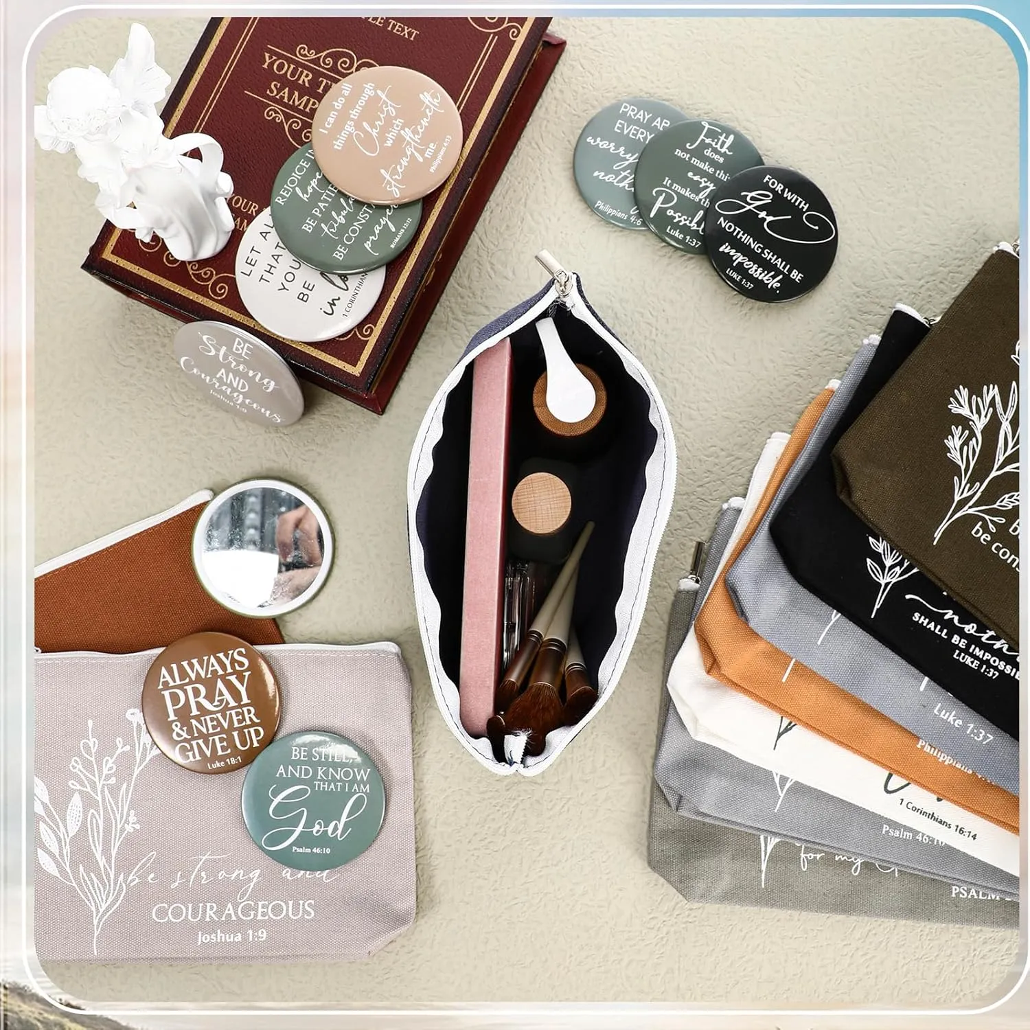 Reginary 30 Set Christian Gifts for Women include 30 Religious Canvas Makeup Bags 30 Bible Verse Compact Mirrors Church Inspirational Gifts for Mother Sister Travel(Neutral Colors,Aesthetic Style)