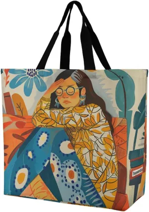 Reusable Grocery Bags Woman in Pajamas Shopping Bag Lightweight Shoulder Bags Large Tote Bag for Travel Work Handbag