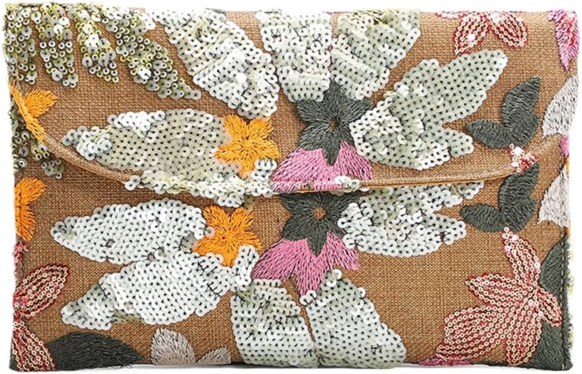 RICHTRUE Sequin Beaded Purse Boho Flower Embroidery Evening Clutch Purses Women Elegant Flap Envelope Y2k Party Bag