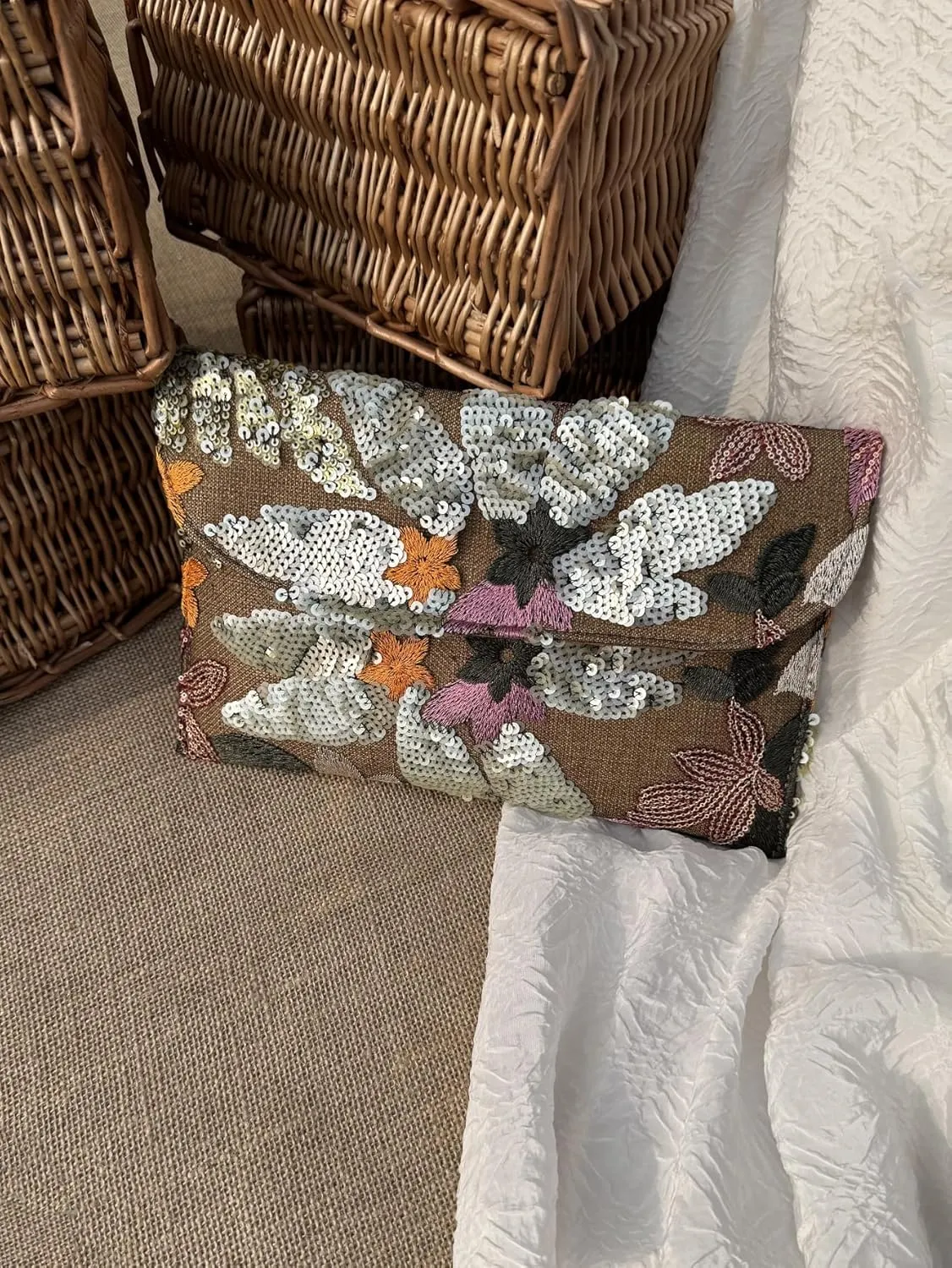 RICHTRUE Sequin Beaded Purse Boho Flower Embroidery Evening Clutch Purses Women Elegant Flap Envelope Y2k Party Bag