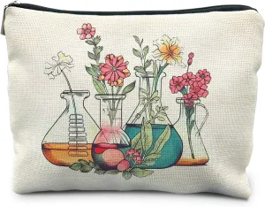 Science Teacher Gifts Makeup Bag - Floral Beakers Cosmetic Pouch