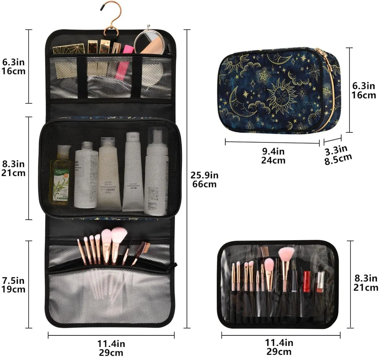 senya Sun Moon Boho Cosmos Astrology Toiletry Bag Hanging Travel Makeup Bag 3 PCS, Portable Makeup Organizer Cosmetic Bag Clear