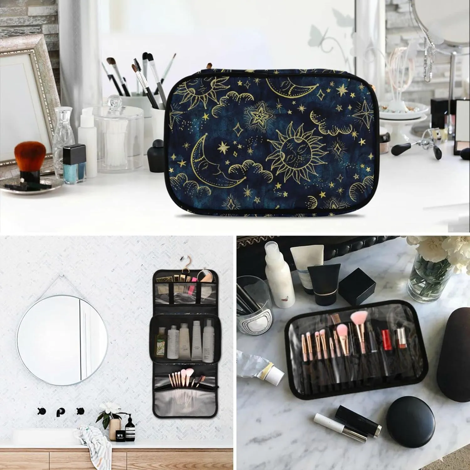 senya Sun Moon Boho Cosmos Astrology Toiletry Bag Hanging Travel Makeup Bag 3 PCS, Portable Makeup Organizer Cosmetic Bag Clear