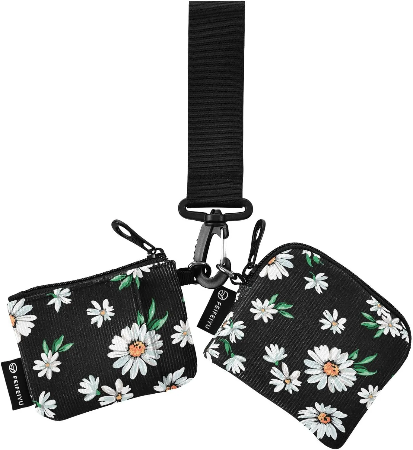 Sexy Chic White Daisy Mini Zip Around Wristlet keychain Wallet for Women with Detachable Dual Pouch Wristlet Portable wallet Coin Purse