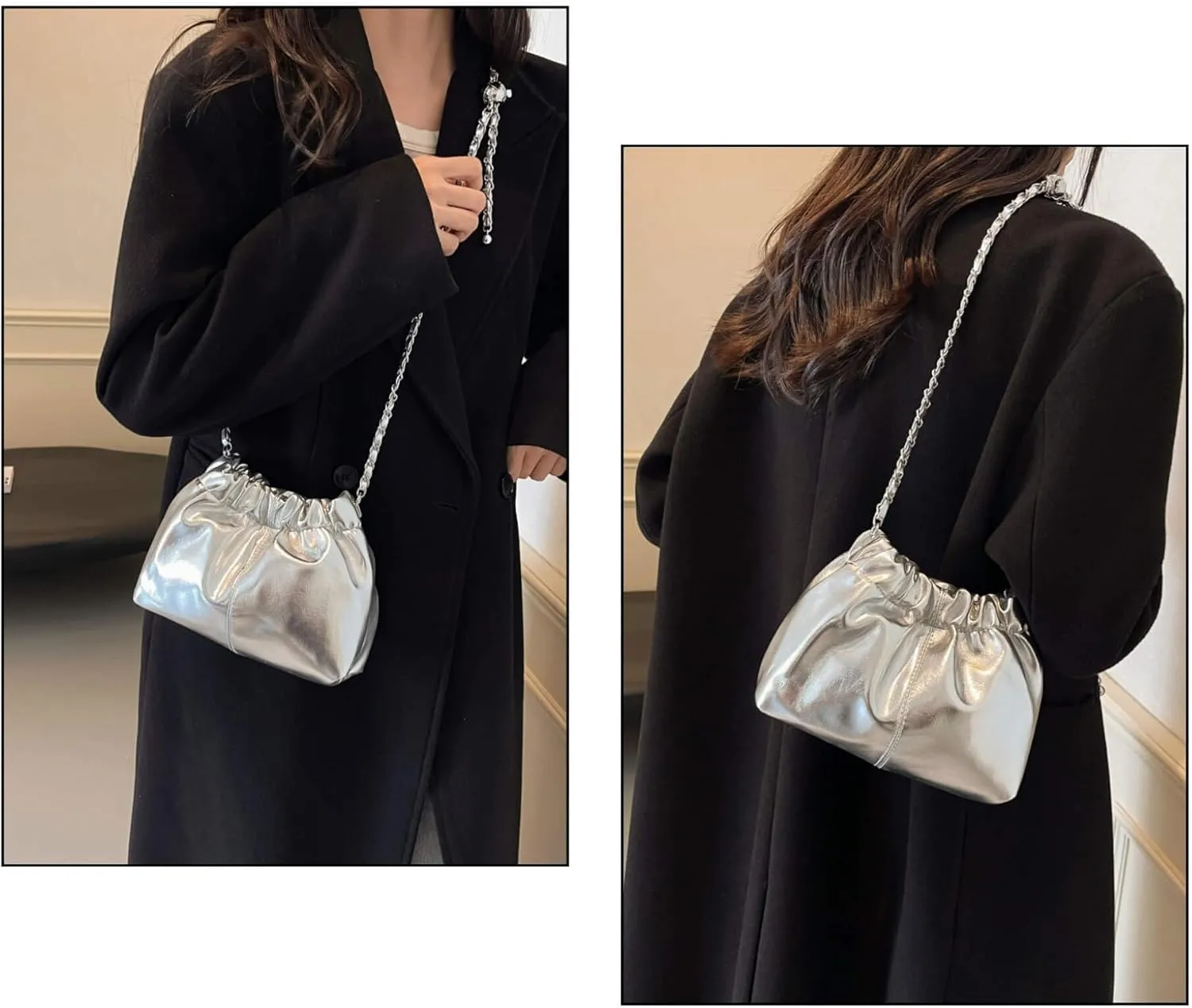 Shiny Bucket Bag for Women, High Gloss PU Leather Crossbody Purse with Drawstring Closure