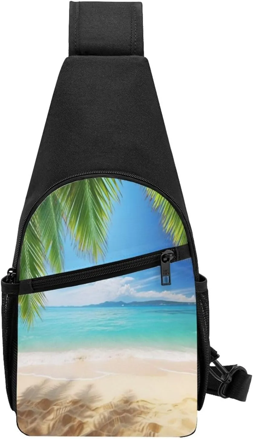 Sling bag for Women Men Trendy Sling Bakpack Casual Chest Bag Ocean Sea Beach Palm Leaves Fanny Pack for Travel Hiking
