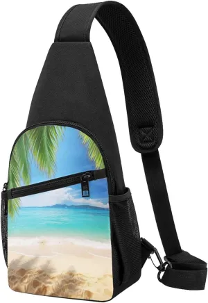 Sling bag for Women Men Trendy Sling Bakpack Casual Chest Bag Ocean Sea Beach Palm Leaves Fanny Pack for Travel Hiking