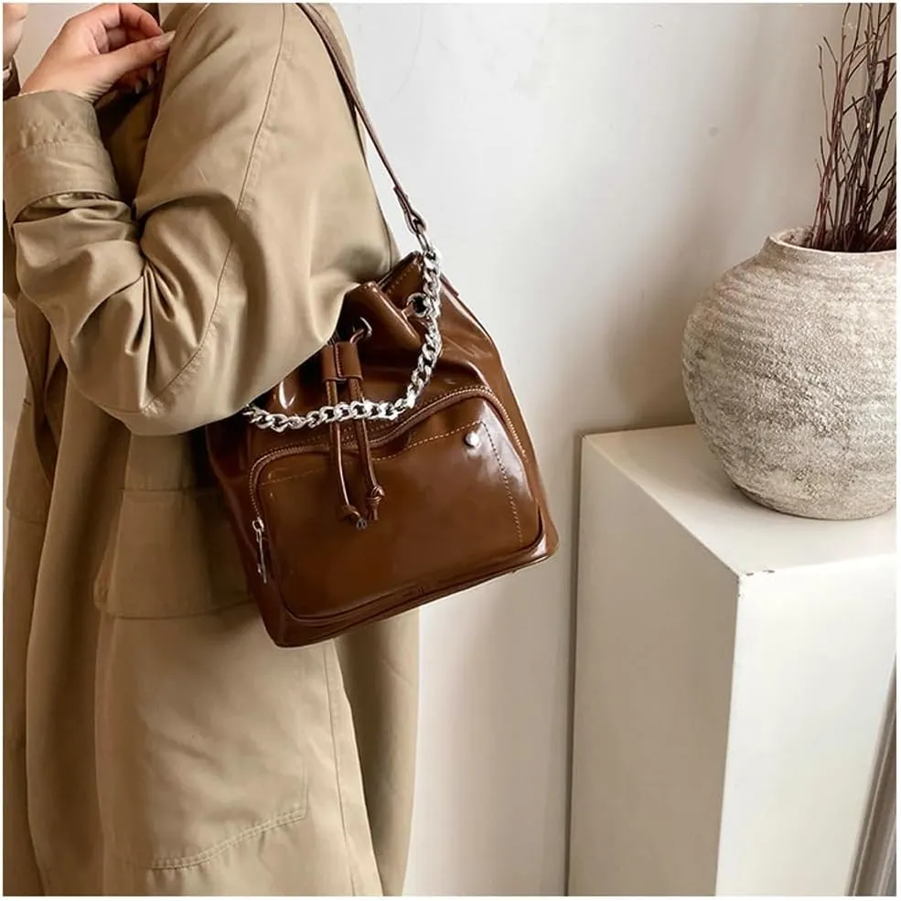 Slouchy PU Leather Bucket Hobo Bags Women Trendy Crescent Crossbody Purse Top-handle Shoulder Satchels Bag Tote Handbag