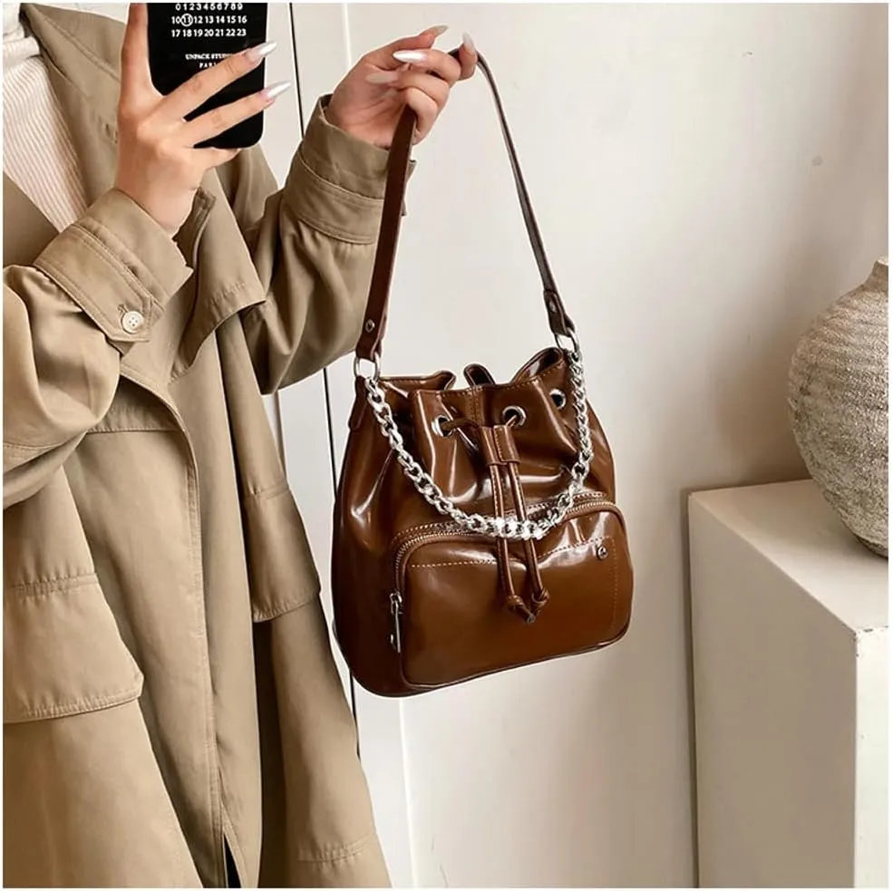 Slouchy PU Leather Bucket Hobo Bags Women Trendy Crescent Crossbody Purse Top-handle Shoulder Satchels Bag Tote Handbag