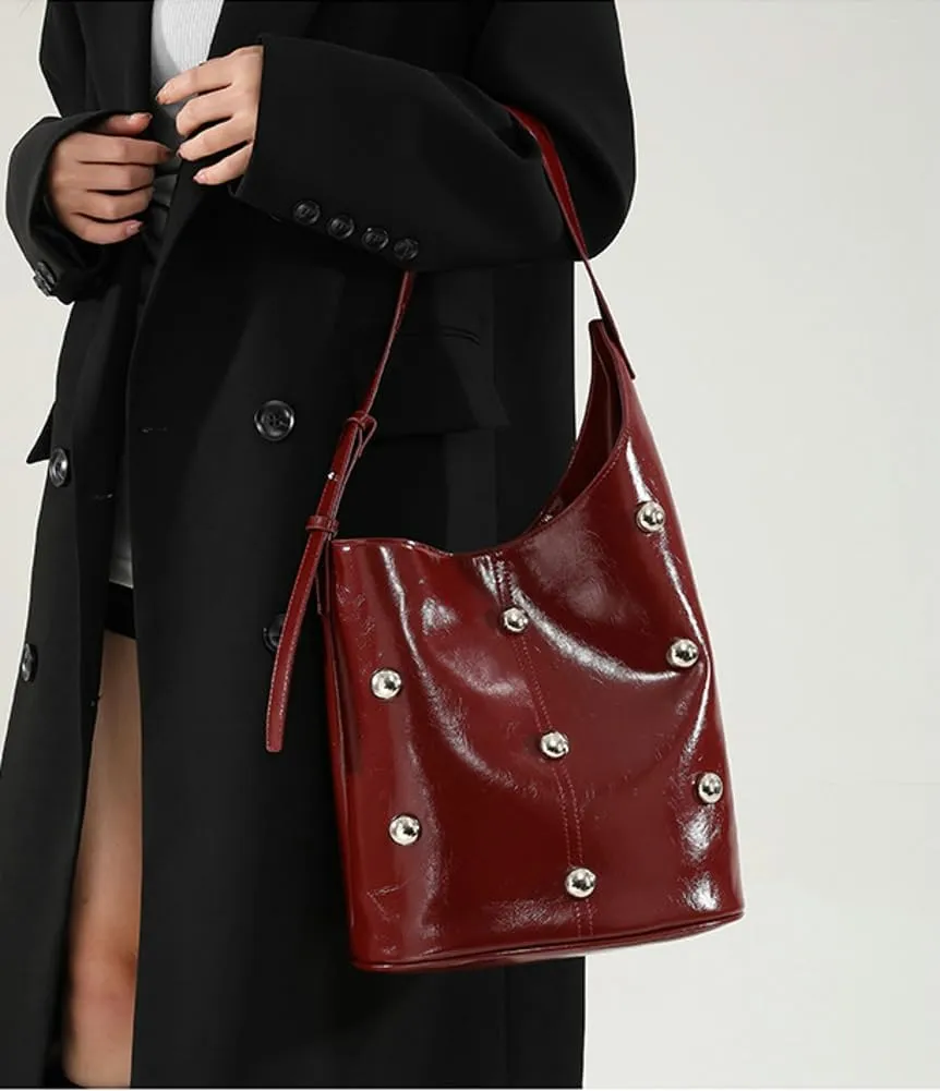 Slouchy PU Leather Hobo Bags Women Trendy Shoulder Bag Crescent Crossbody Phone Purse Cute Rivet Satchels Tote Handbag