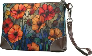 Small Clutch Purses for Women - Vibrant Floral Stained Glass Leather Wristlet Wallets for Women with Wrist Strap
