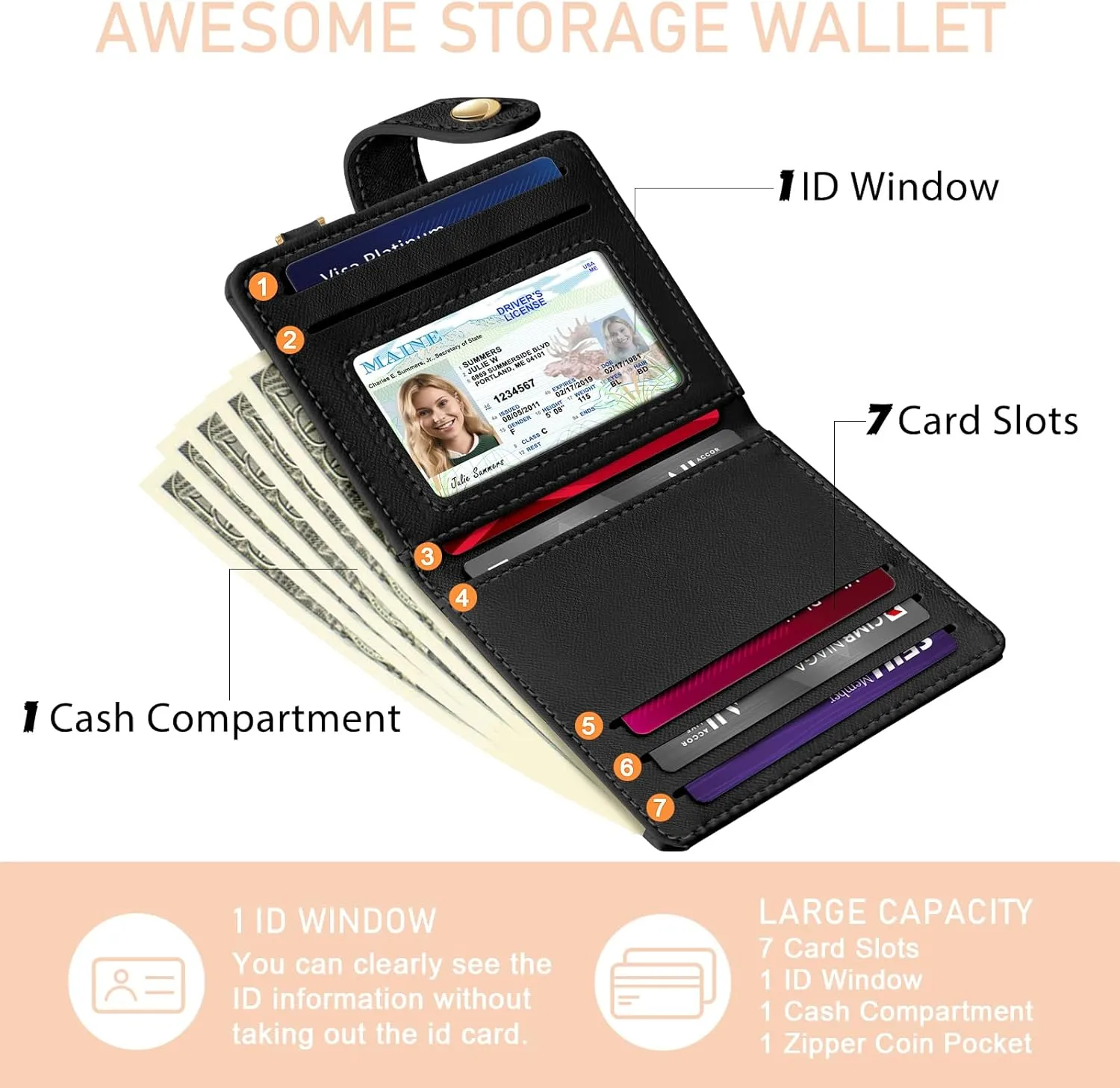 Small Ladies Wallet, Rfid Slim Thin Compact Credit Card Women Wallet, PU Leather Bifold Cash Wallet, Zipper Coin Pocket & ID Window, Female Gifts Black and Brown