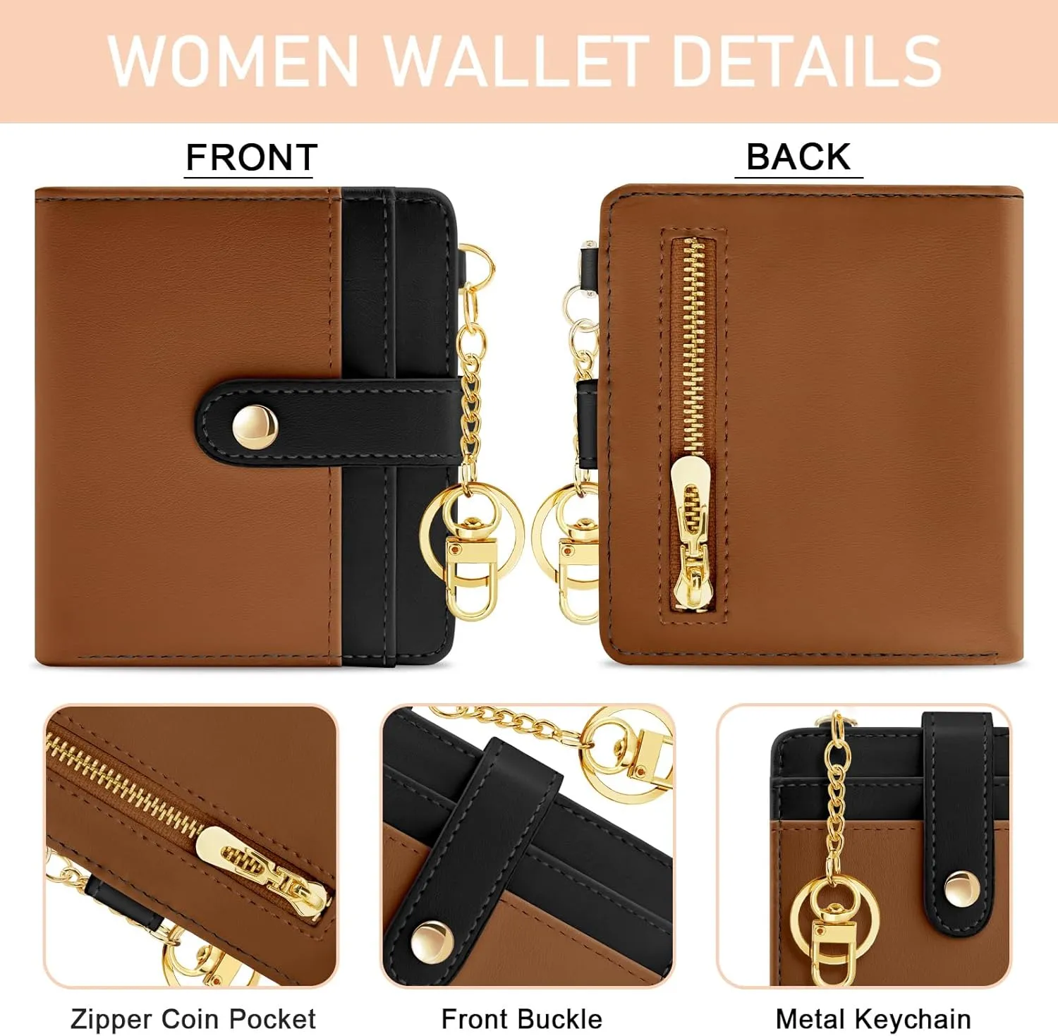 Small Ladies Wallet, Rfid Slim Thin Compact Credit Card Women Wallet, PU Leather Bifold Cash Wallet, Zipper Coin Pocket & ID Window, Female Gifts Black and Brown