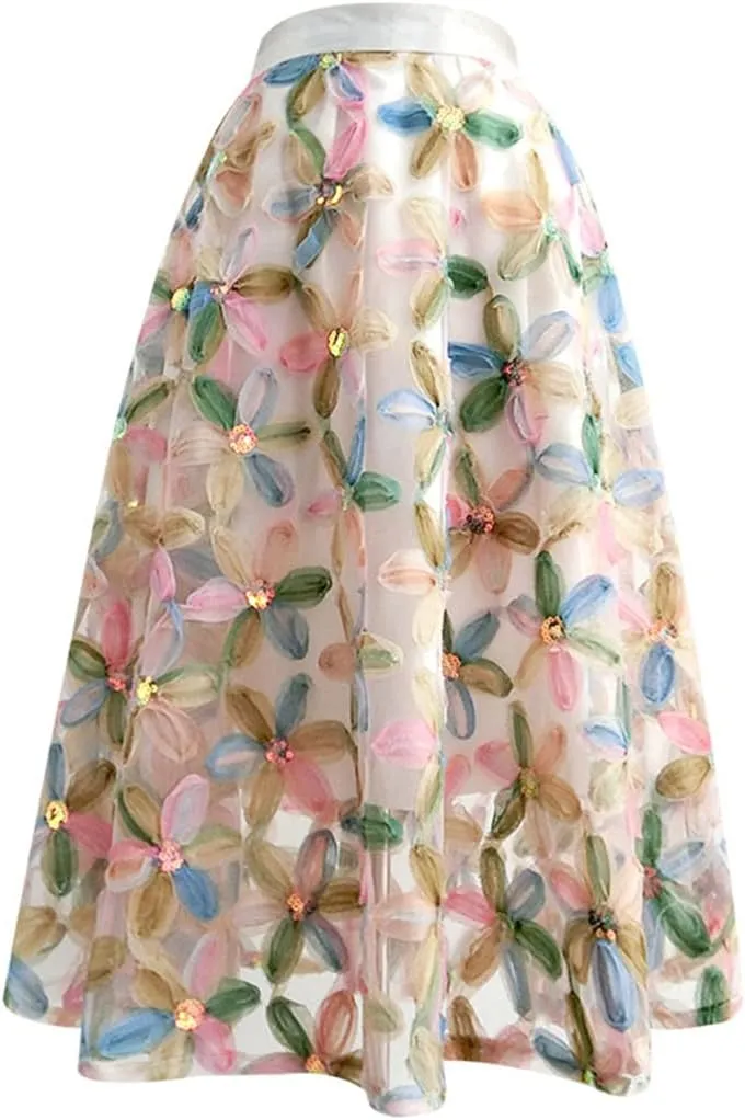 Spring Summer Chic Elegant Women High Waisted Pleated Midi Tulle Skirt