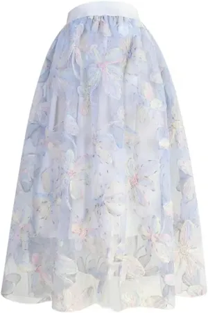 Spring Summer Chic Elegant Women High Waisted Pleated Midi Tulle Skirt