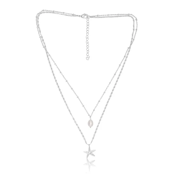 Star Fish & Pearl Charm Necklace - Silver