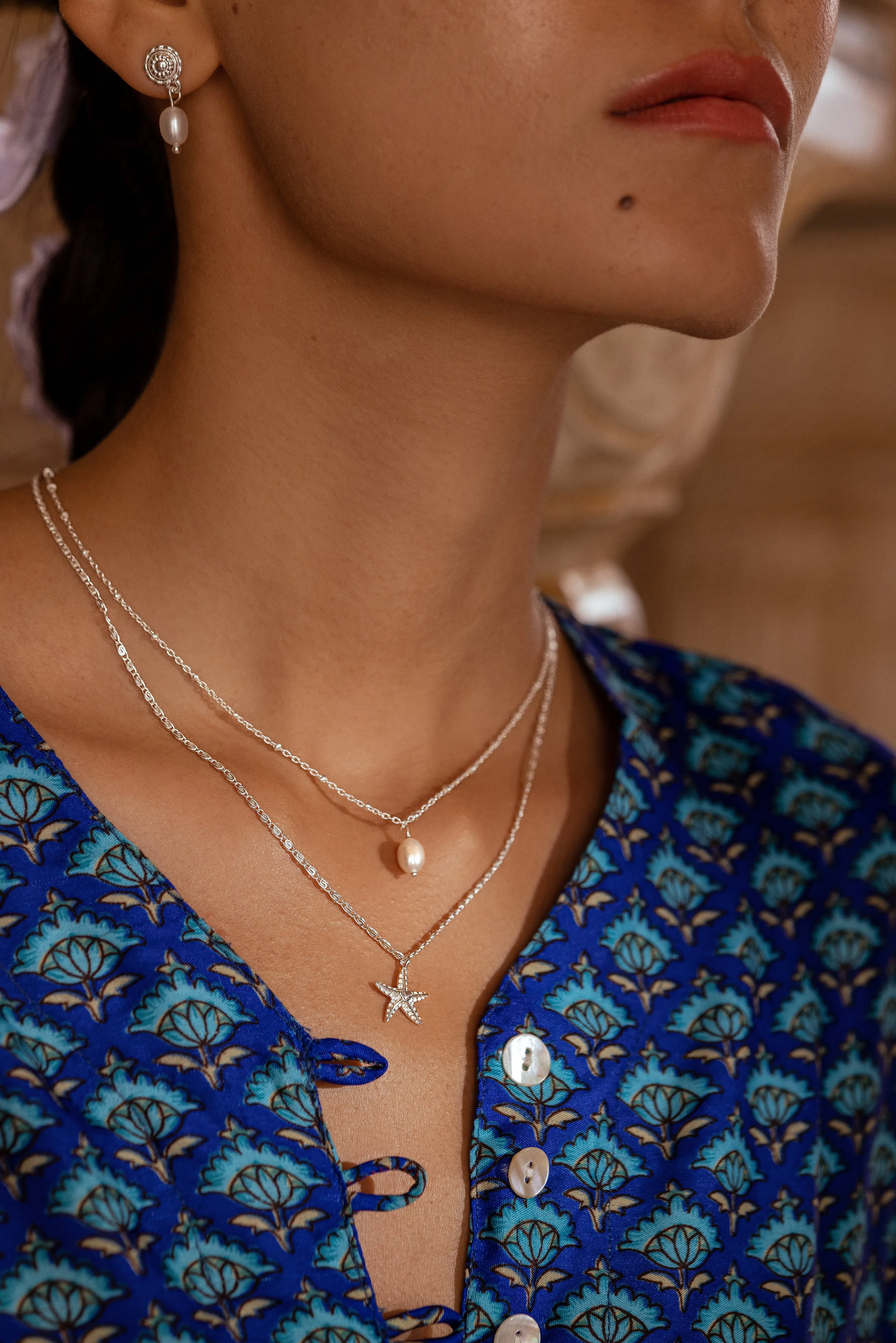Star Fish & Pearl Charm Necklace - Silver