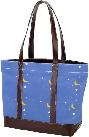 Stars and Moon-1246 Tote Bags Durable Leather Canvas Purses and Handbags for Women Top Handle Shoulder Satchel Hobo Bags