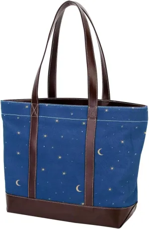 Stars and Moon-1261 Tote Bags Durable Leather Canvas Purses and Handbags for Women Top Handle Shoulder Satchel Hobo Bags