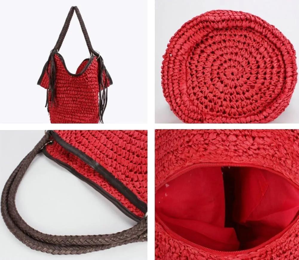 Straw Bag for Women Large Handwoven Bucket Tote with Tassel Purse Summer Beach Handbag Woven Boho Shoulder hobo bag