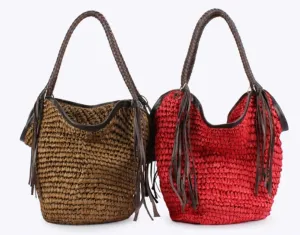 Straw Bag for Women Large Handwoven Bucket Tote with Tassel Purse Summer Beach Handbag Woven Boho Shoulder hobo bag