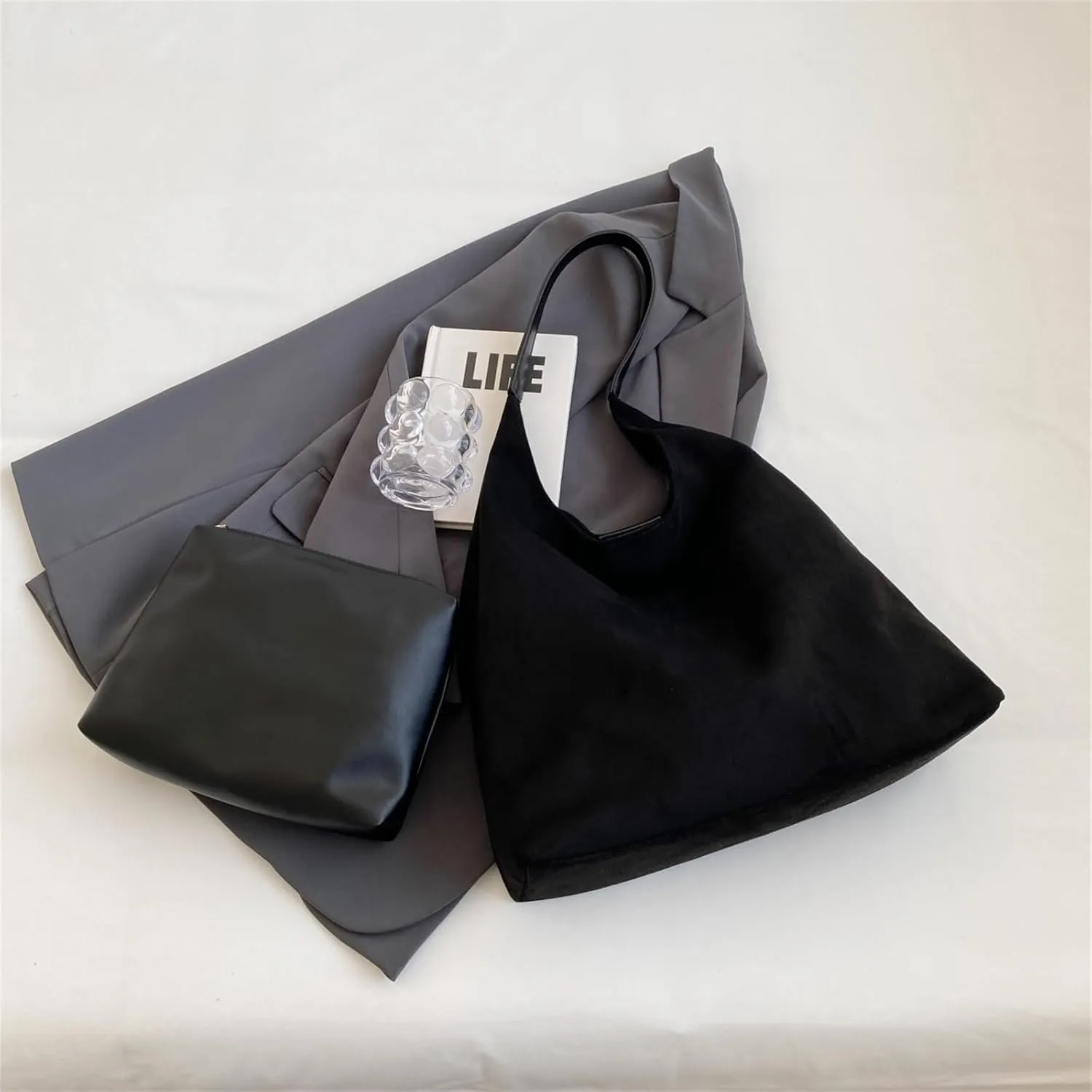 Suede Bags for Women Retro Tote Bag Suede Slouchy Bag Hobo Handbag Office Bags Tote Handbag-With Pu Leather Clutch Purse
