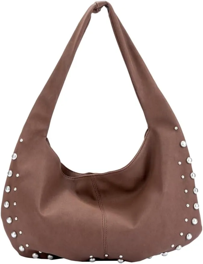 Suede Hobo Bag Rivet Suede Tote Bag Retro Suede Bag Slouchy Suede Shoulder Bag for Women Ladies Suede Purses Evening Handbag