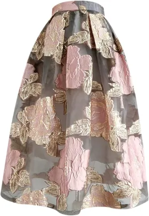 Summer Vintage Chic Clothes Women Floral High Waisted Pleated Midi Tulle Skirt