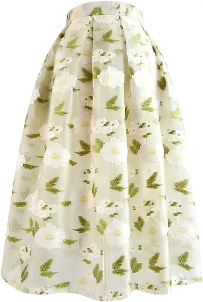 Summer Vintage Chic Women Floral High Waisted Pleated Midi Tulle Skirt