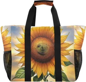 Sunflower Face Sun Large Tote Bags for Women Canvas Tote Purse Reusable Grocery Bags Top Handle Handbags for Travel, Work