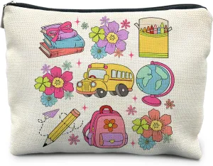 Teacher Makeup Bag, Cute Teacher Gifts, Cosmetic Bags for Women, Waterproof Linen, Multicolor, Cartoon Pattern, Zipper Closure, Adult, Makeup, Unisex-Adult