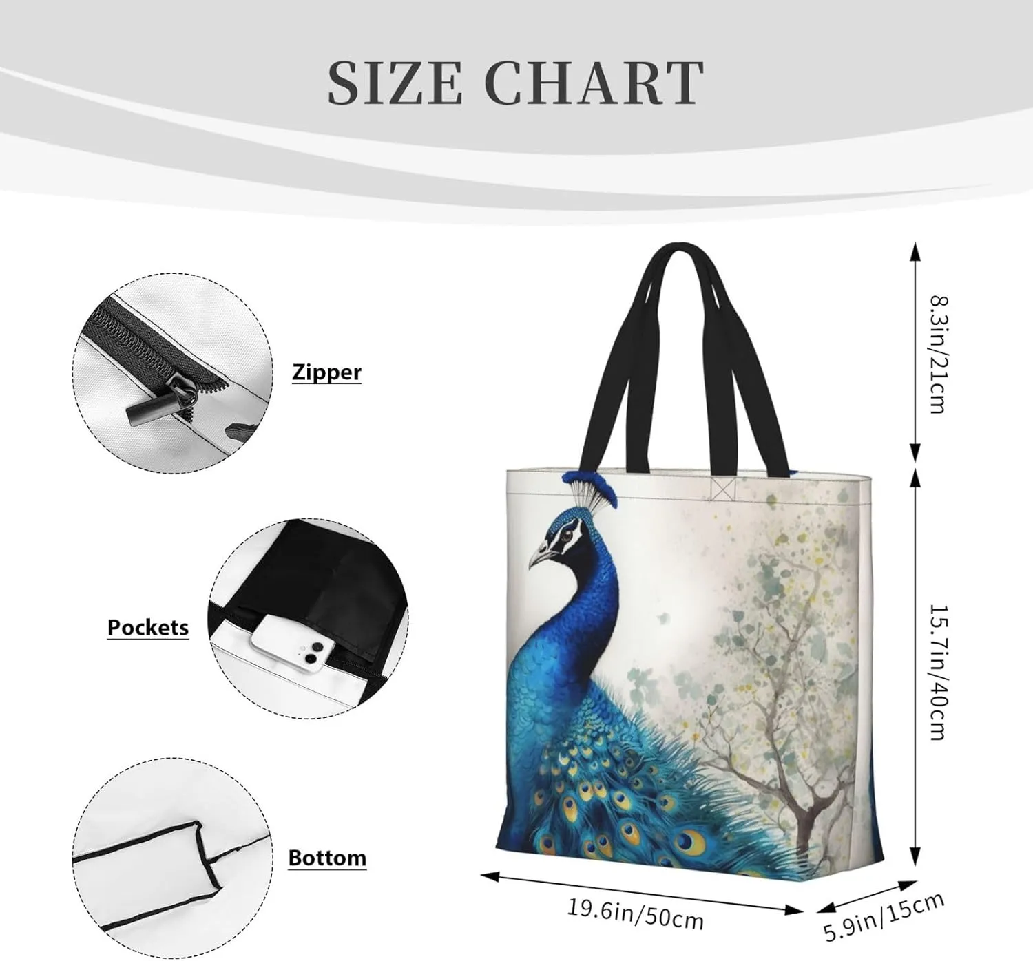 Tote Bag for Women Reusable Grocery Bags Boho Elephant Tote Bag with Inner Pocket Travel Tote for Shopping