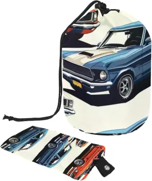 Travel Cosmetic Bags bucket Makeup Bag, American Muscle Classic Racing Car Women Portable Foldable Cases, Multifunctional Toiletry Bucket Bags Round Organizer Storage