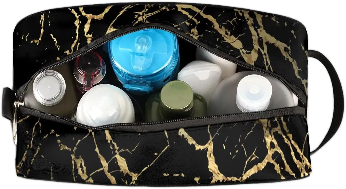 Travel Toiletry Bag for Women Men Black Marble Gold Texture Hanging Cosmetic Bag Waterproof Makeup Bag for Shaving Makeup Toothbrush & Travel Essentials