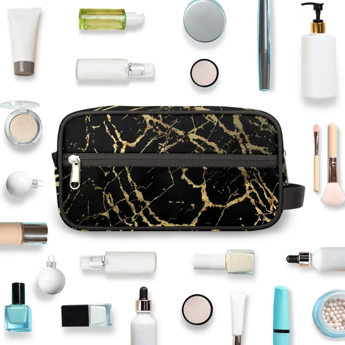 Travel Toiletry Bag for Women Men Black Marble Gold Texture Hanging Cosmetic Bag Waterproof Makeup Bag for Shaving Makeup Toothbrush & Travel Essentials