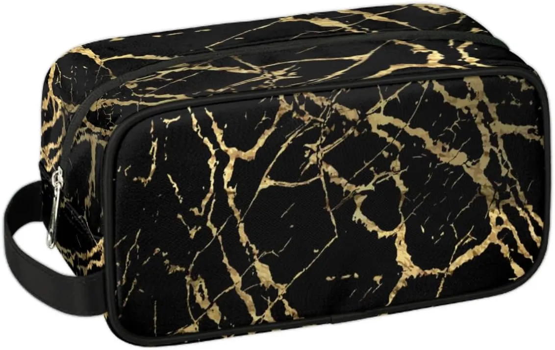 Travel Toiletry Bag for Women Men Black Marble Gold Texture Hanging Cosmetic Bag Waterproof Makeup Bag for Shaving Makeup Toothbrush & Travel Essentials