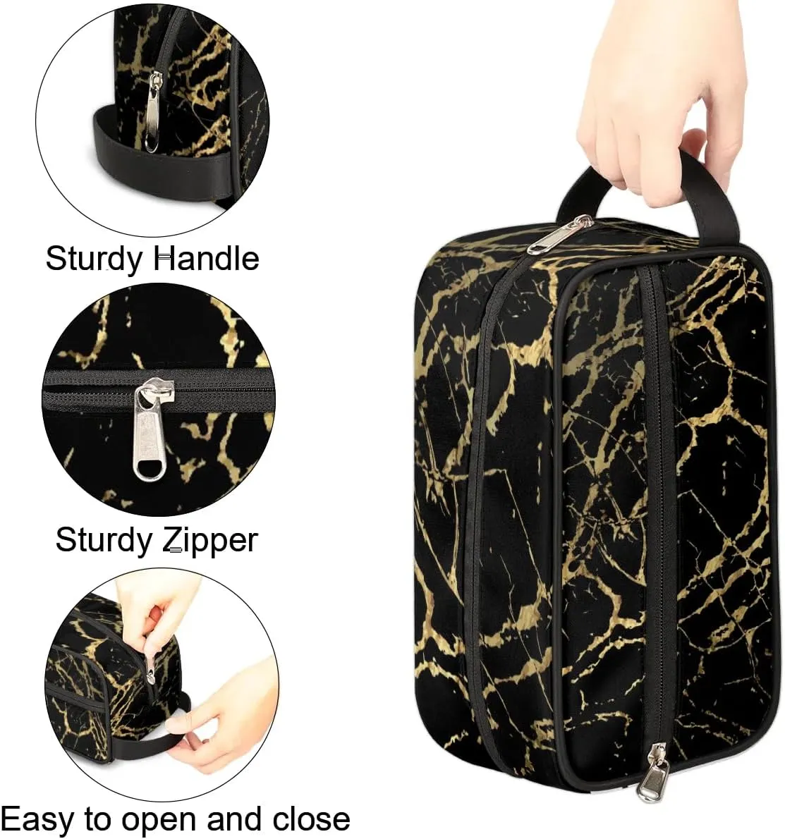 Travel Toiletry Bag for Women Men Black Marble Gold Texture Hanging Cosmetic Bag Waterproof Makeup Bag for Shaving Makeup Toothbrush & Travel Essentials