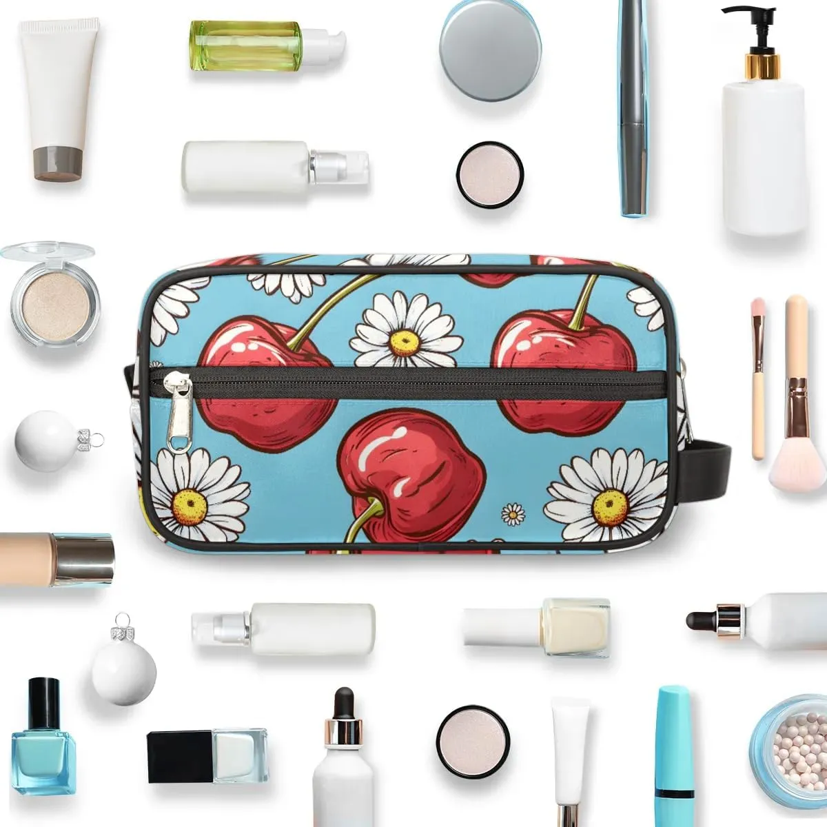 Travel Toiletry Bag for Women Men Cherry Daisy Hanging Cosmetic Bag Waterproof Makeup Bag for Shaving Makeup Toothbrush & Travel Essentials