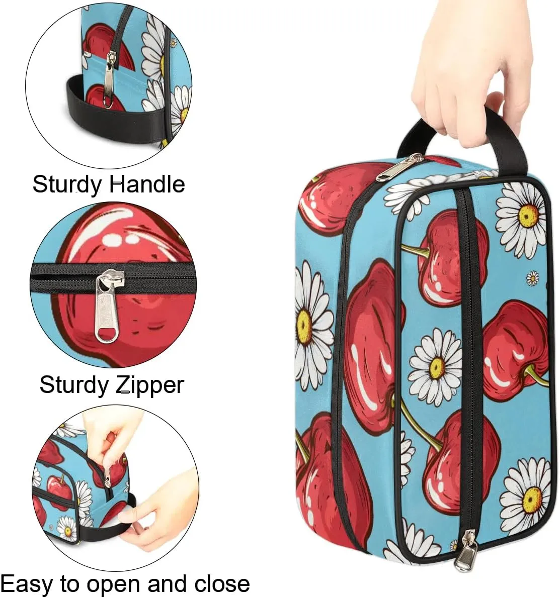 Travel Toiletry Bag for Women Men Cherry Daisy Hanging Cosmetic Bag Waterproof Makeup Bag for Shaving Makeup Toothbrush & Travel Essentials