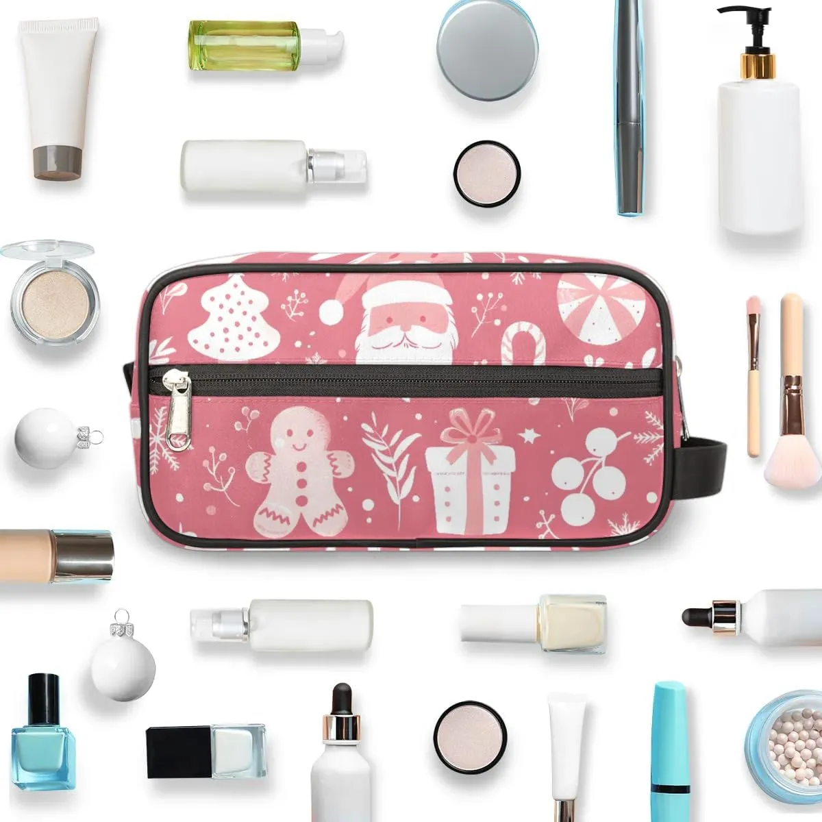 Travel Toiletry Bag for Women Men Christmas Santa Claus Leaves Hanging Cosmetic Bag Waterproof Makeup Bag for Shaving Makeup Toothbrush & Travel Essentials