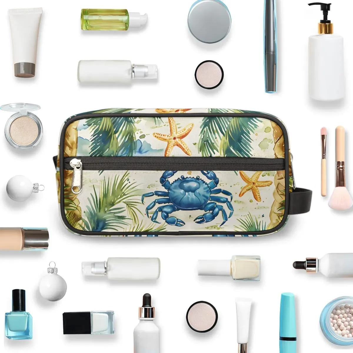 Travel Toiletry Bag for Women Men Crab Coconut Tree Hanging Cosmetic Bag Waterproof Makeup Bag for Shaving Makeup Toothbrush & Travel Essentials