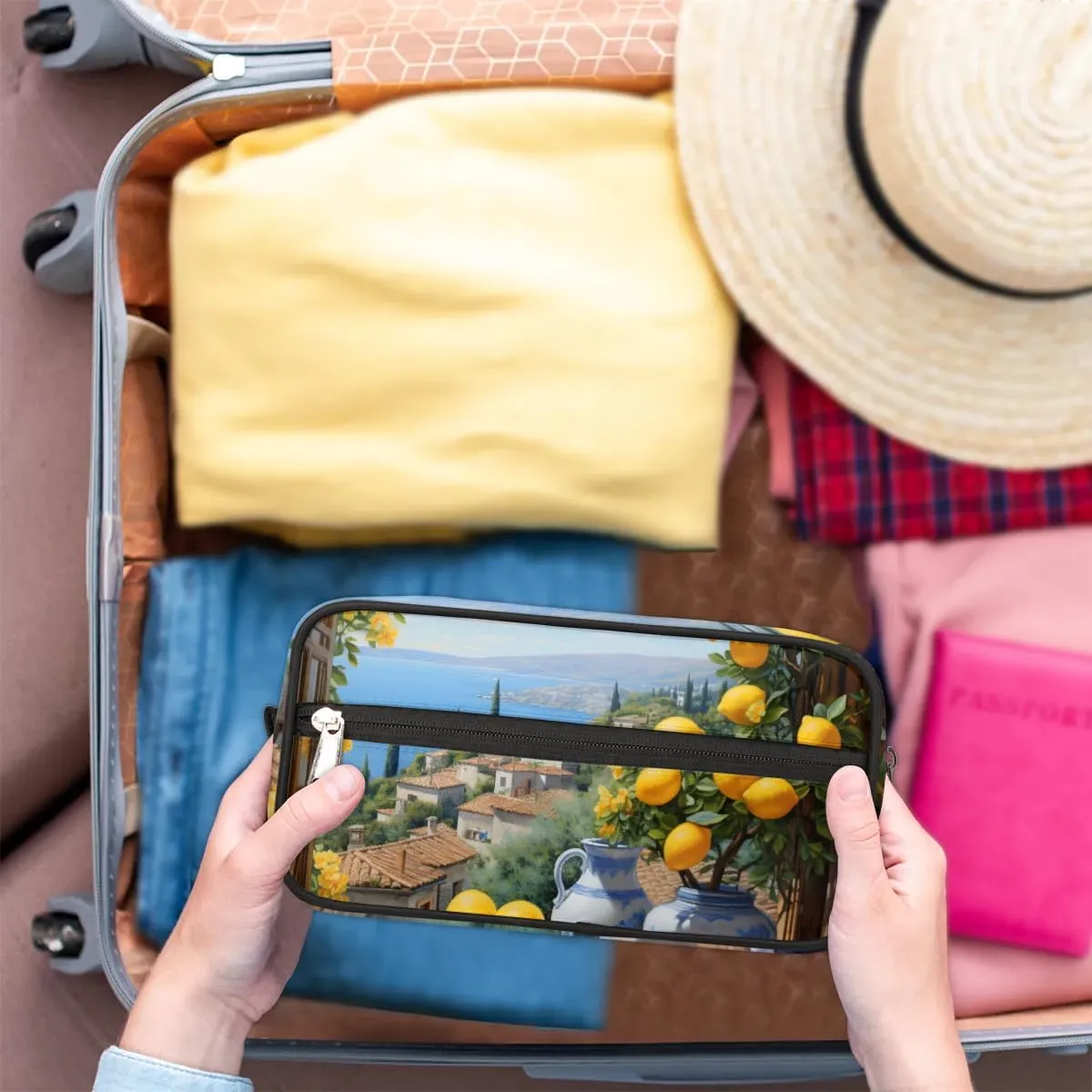 Travel Toiletry Bag for Women Men Lemon Seascape Hanging Cosmetic Bag Waterproof Makeup Bag for Shaving Makeup Toothbrush & Travel Essentials