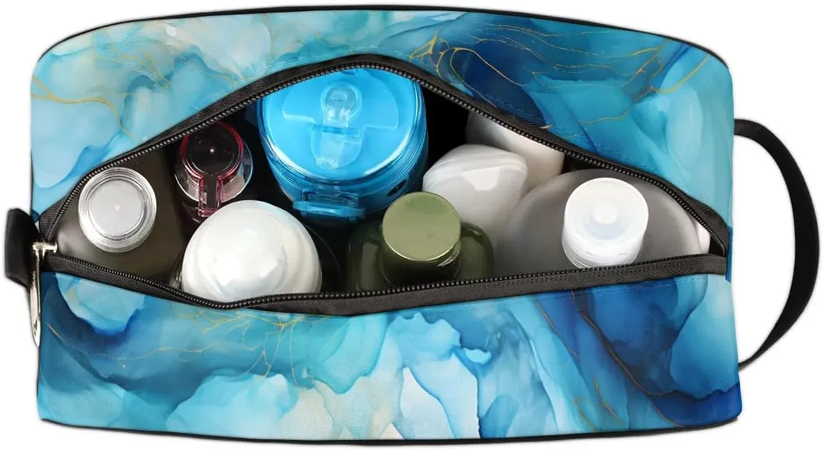 Travel Toiletry Bag for Women Men Marble Blue Texture Hanging Cosmetic Bag Waterproof Makeup Bag for Shaving Makeup Toothbrush & Travel Essentials