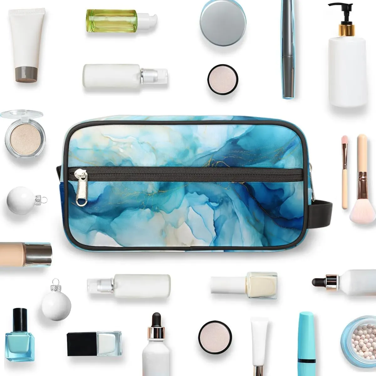 Travel Toiletry Bag for Women Men Marble Blue Texture Hanging Cosmetic Bag Waterproof Makeup Bag for Shaving Makeup Toothbrush & Travel Essentials