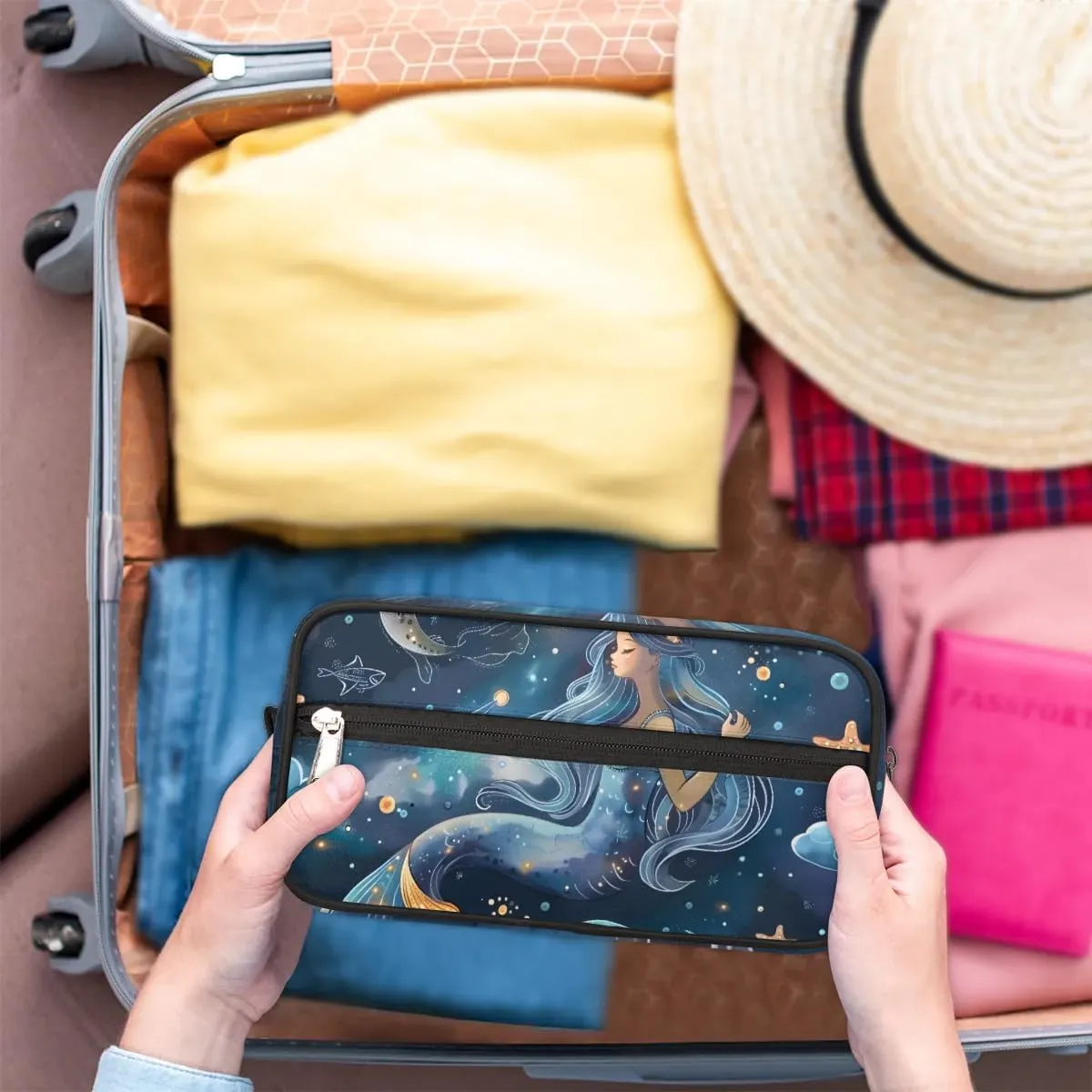 Travel Toiletry Bag for Women Men Mermaid Starfish Hanging Cosmetic Bag Waterproof Makeup Bag for Shaving Makeup Toothbrush & Travel Essentials